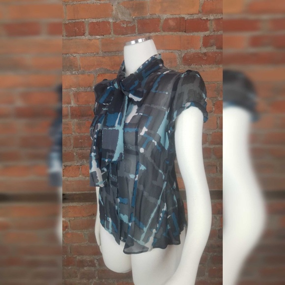 Express Women's Blouse Pussy BowGreen Black Aqua - Picture 3 of 5